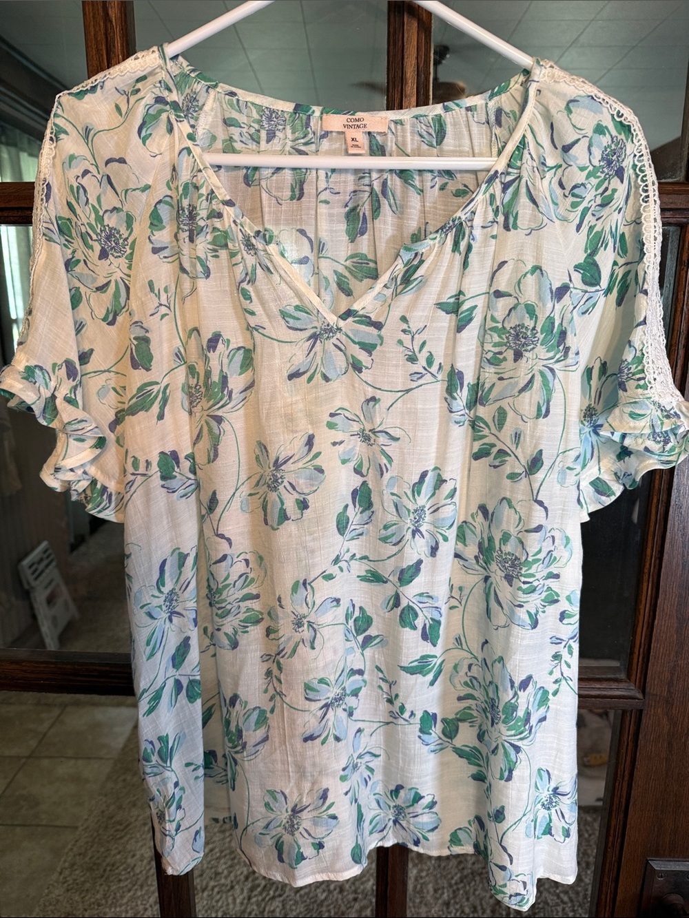 Como Vintage Floral V-Neck Blouse XL Blue Green Crochet Lace Ruffle Sleeve Boho